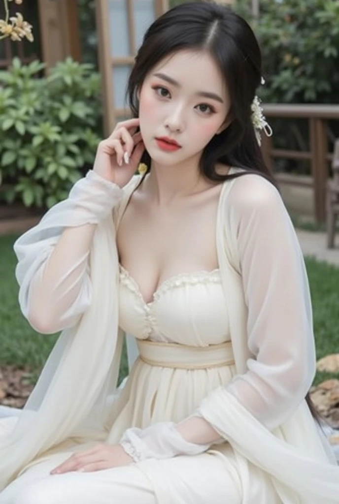 (8K, hyper-high detail, gorgeous chinese lady, ample round bosom, Cute face, cheerfulness, short hair, Impressive hairstyle, Detailed eyes, Detailed lips, Chinese Hanfu, Lace, wearing jewellery, bokeh background, Flowers, morning, snowing, head to knees, side shot)