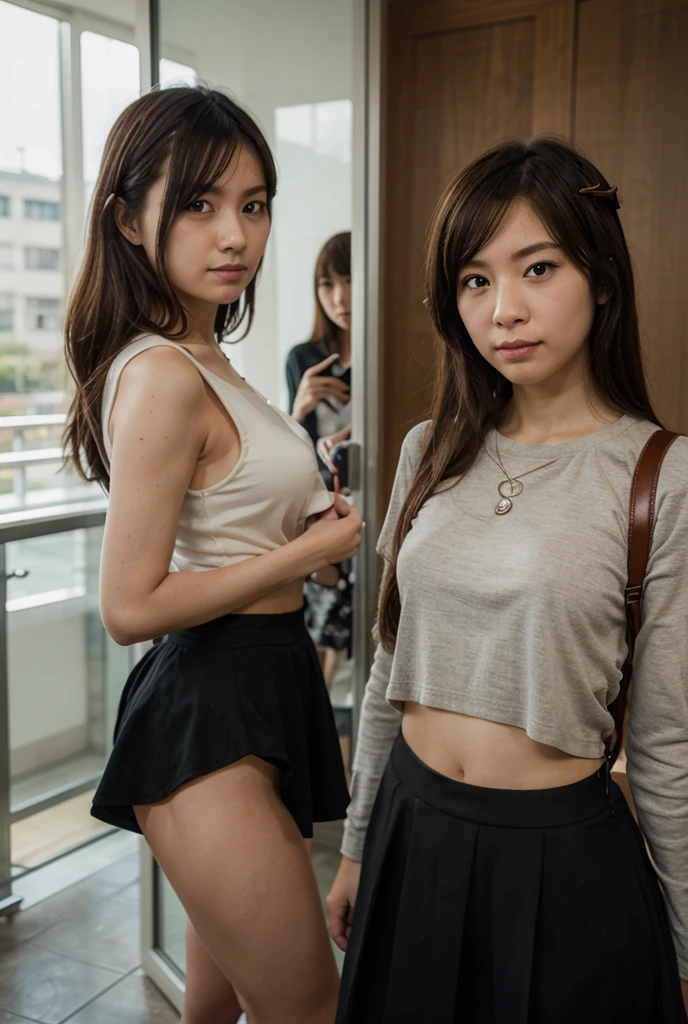 identical twin sisters、realistic、realistic skin texture、A beautiful Japanese woman belonging to the US military gets out of a troop carrier.、tired、automatic rifle、Operation completed、impurities、scratch、moving action pose、cargo pants、impuritiesブーツ