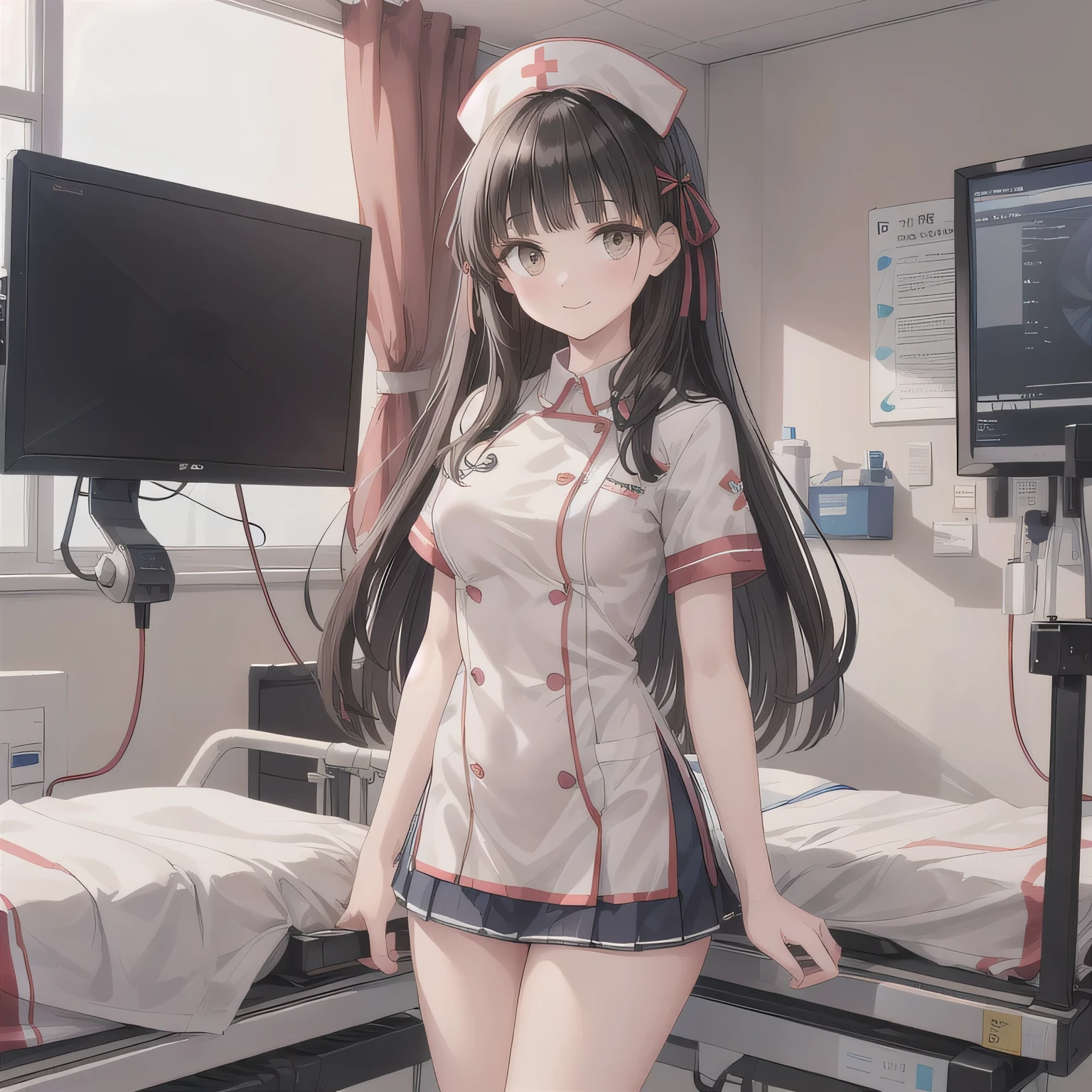 A breathtakingly beautiful 20-year-old woman stands in a warmly lit hospital room, dressed in a white mini-skirt nurse uniform with a matching cap. Her shy smile adds a touch of charm, while the surrounding medical equipment and furnishings create an authentic yet welcoming atmosphere. dark hair, long hair, honey colored eyes.