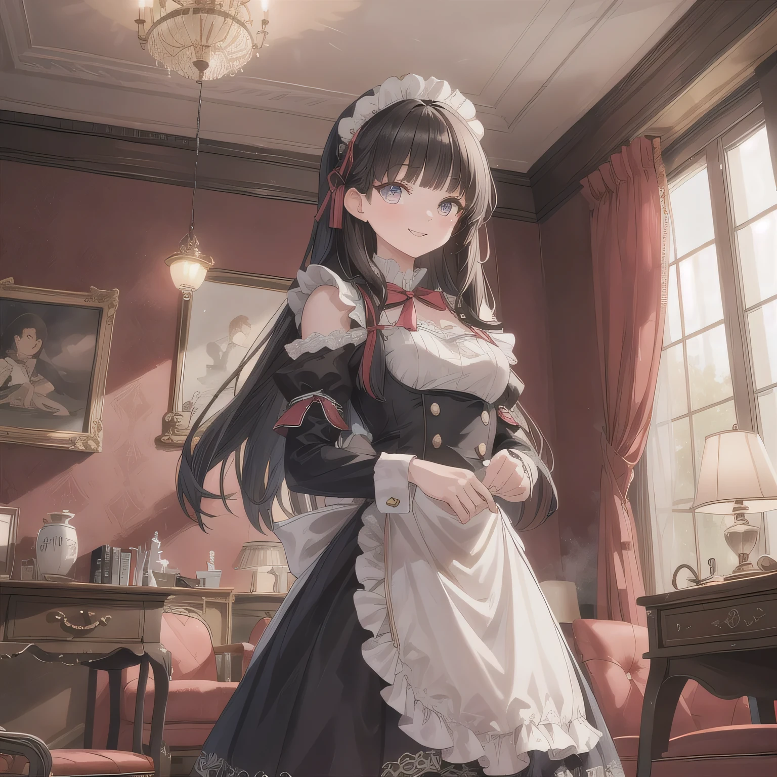 A breathtakingly beautiful 20-year-old woman stands in an opulent mansion room, dressed in a classic black-and-white maid outfit with a short hem and a white brim cap. Her confident smile radiates warmth. The room features elegant furnishings and decor befitting a grand estate, bathed in soft, natural lighting that enhances the sophisticated ambiance. dark hair, long hair, honey colored eyes.