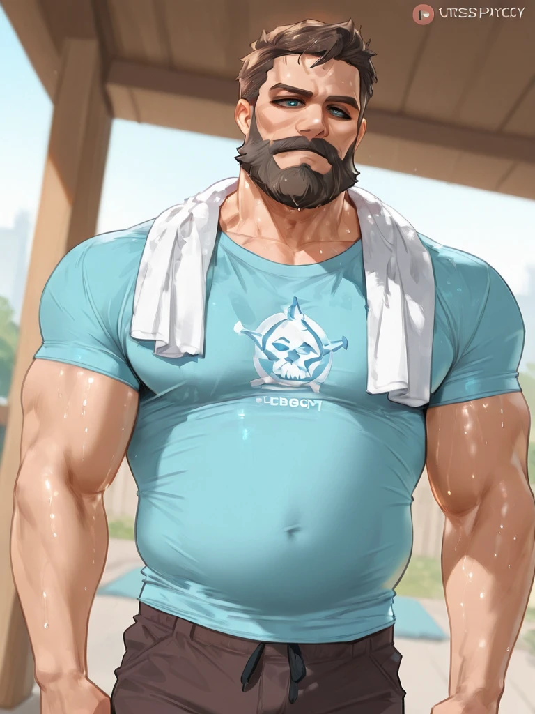 (masterpiece, 4K, ultra detailed), Jason Voorhees, single, masculine, light skin, jason's white hockey mask, bald, sexy, muscular, sunny, smooth lining, smooth shading, shirtless, cartoony, red swim trunks, lake