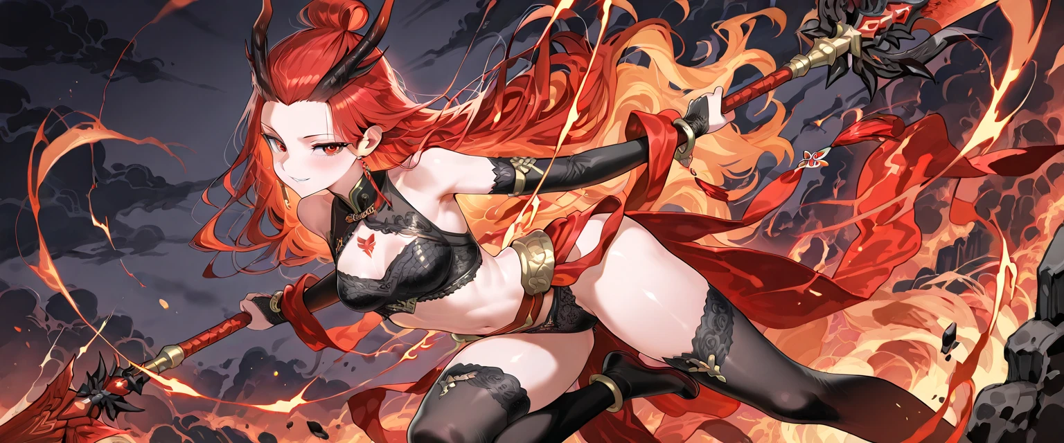masterpiece,highest quality,1girl,solo,Two white horns,turned my back,smile,red lips,Witch-like,black hair,bangs,red eyes,naked,Skulls scattered on the ground