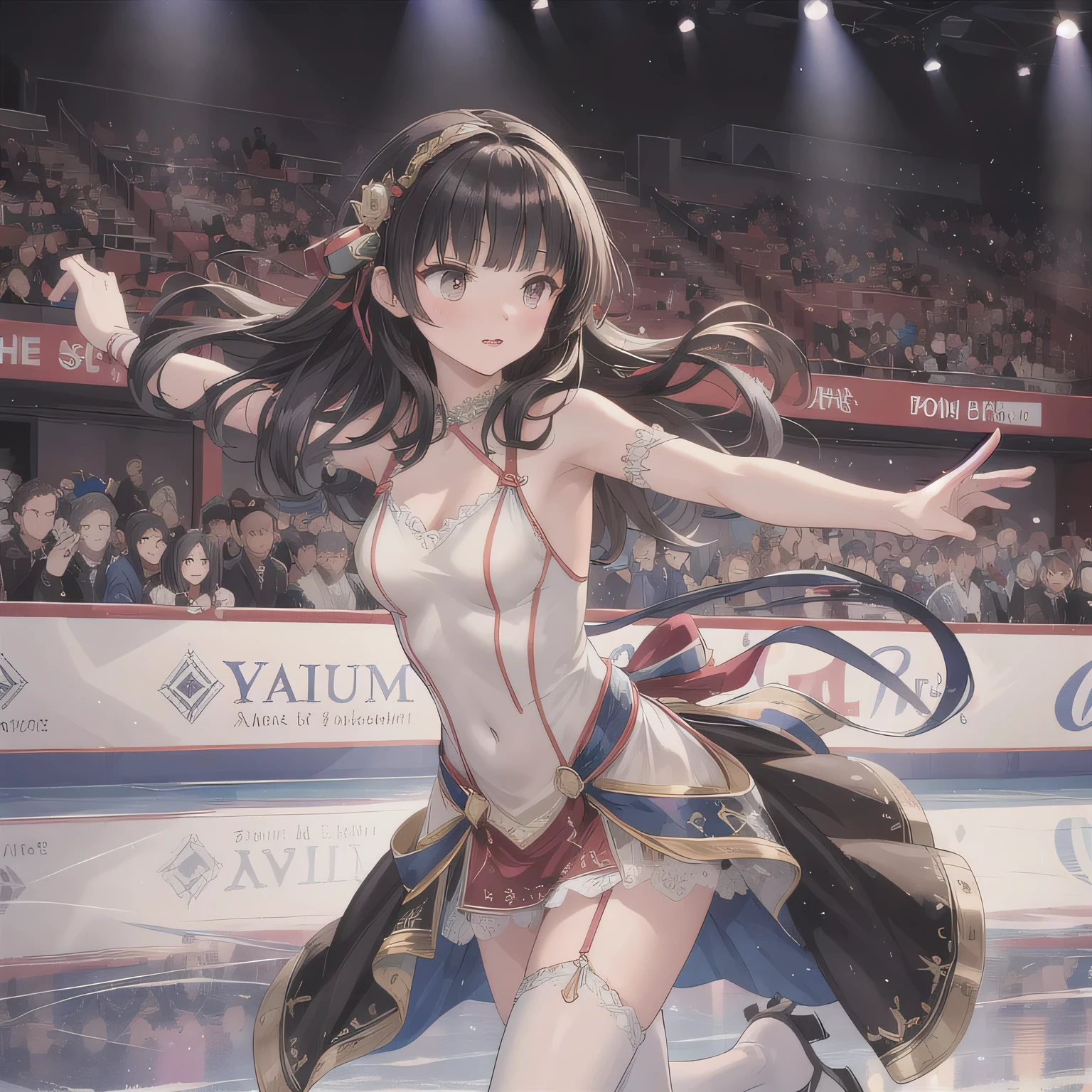 A breathtakingly beautiful 20-year-old woman glides dynamically across the ice rink, dressed in an exquisitely detailed and elegant figure skating costume. Her graceful movements exude both power and finesse as she carves intricate patterns into the ice. The soft arena lighting casts a gentle glow, highlighting the shimmering fabric of her outfit and the fluidity of her performance, creating a mesmerizing scene of beauty and athleticism. dark hair, long hair, honey colored eyes.