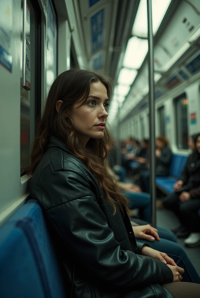 The scene opens late at night on a nearly deserted New York subway train, the soft glow of dim lights casting eerie shadows across the faces of the few remaining passengers. The camera focuses on Joel and Lana, seated beside each other on a bench seat, her hand resting gently on Joel's thigh. She turns to look at him with an expression of intense curiosity and allure, her eyes locked onto his she leans in as she asks, "What's on your mind?" Lana twirling a strand of hair around a finger, lightly running fingers through her hair, waiting for Joel to respond. Inspired by a similar scene with Lana and Joel from the movie Risky Business. Paul Brickman, Bruce Surtees, music by Tangerine Dream greatly influenced the distinctive style and theme of "Risky Business. Trending on art station, stunning visuals, creative, fantasy concept art