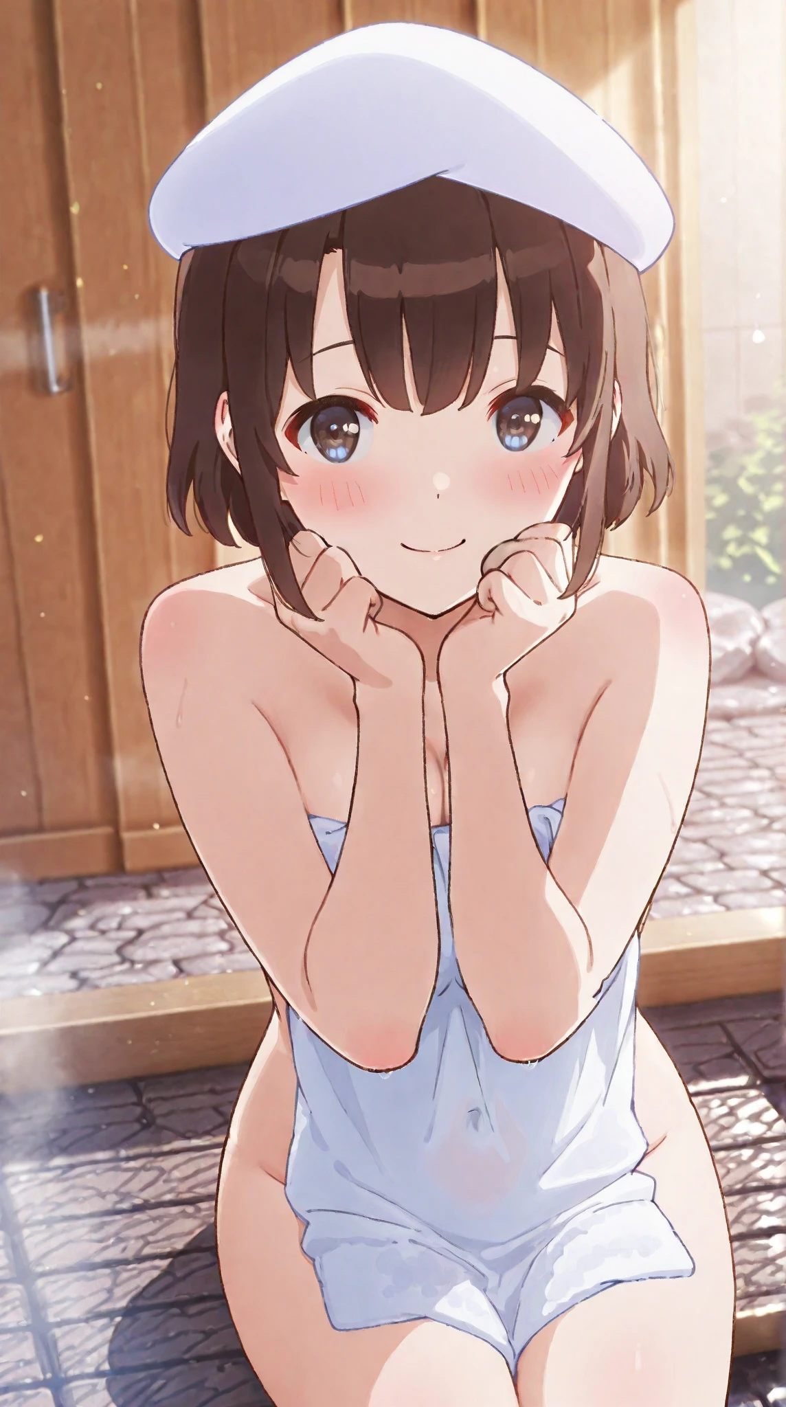 One Naked Girl、Standing on a wooden stage、Her light blue panties are hanging around her ankles、Both hands are down、tits、Nipples、I can see your pussy、Dark pink hair、Feeling embarrassed、Tears in the eyes、blue eyes、looking at the camera、Bob Hair