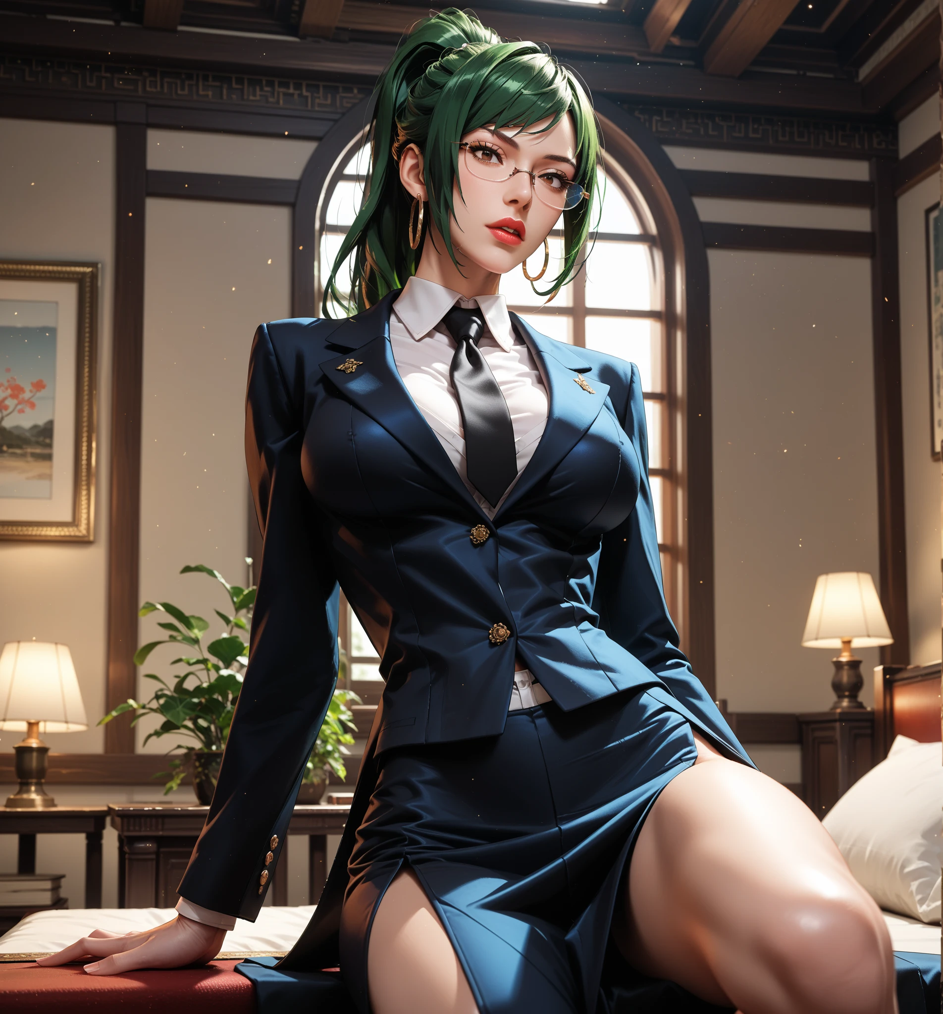 woman with green hair and green wig posing in front of a window, tatsumaki from one punch man, bulma from dragon ball, hyperrealistic schoolgirl, a hyperrealistic schoolgirl, professional cosplay, fubuki, wearing a strict business suit, full-cosplay, izuku midoriya, 2b, 2 b, tatsumaki