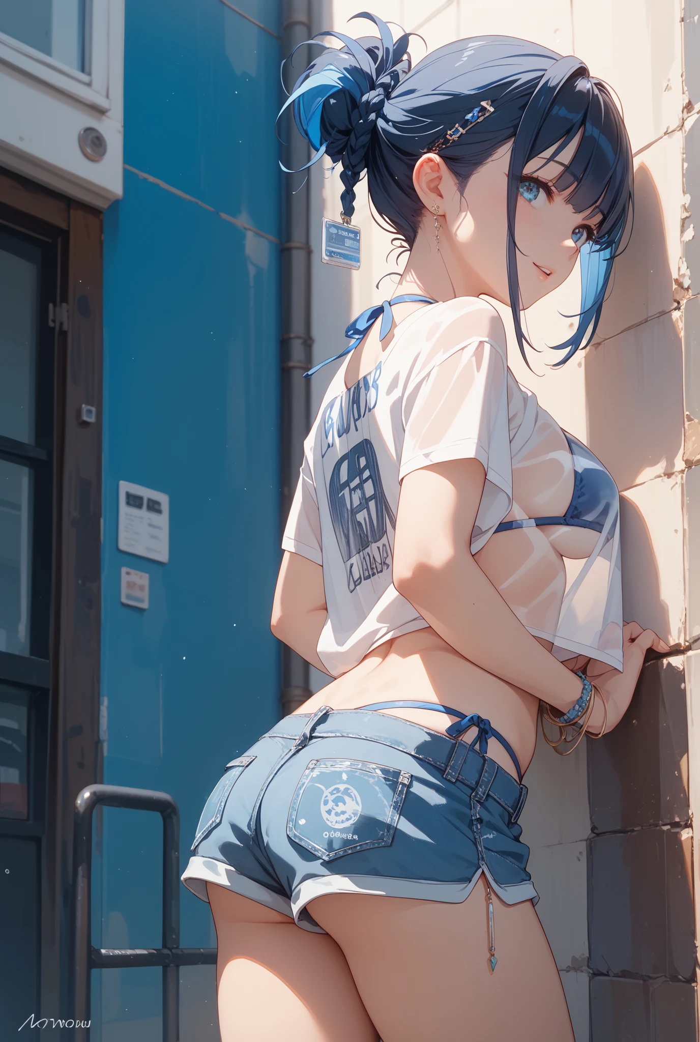Kujou Sara Genshin Effect, masterpiece, bestquality, 1girls, oversized breasts, bara, crop top, shorts jeans, choker, (Graffiti:1.5), Splash with purple lightning pattern., arm behind back, against wall, View viewers from the front., Thigh strap, Head tilt, bored, Ponytail, water eyes,