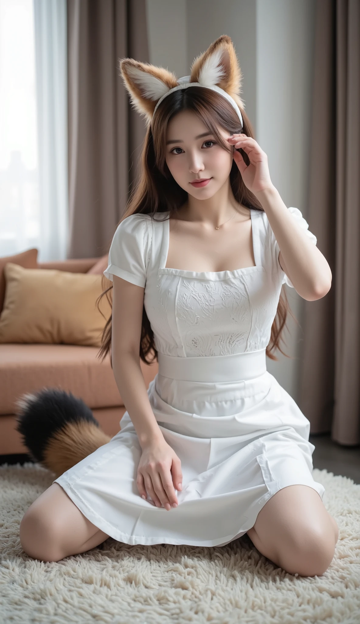 ((best quality, 8 k)), ((masterpiece)), (highest resolution), perfect face helps, woman with fox ears, woman with a tail, beautiful woman, she is a maid , neutral blurred background, only one tail , Her big fox tail, I can see her fox tail, She wags her tail , white long apron , Her fox tail sticks out , Her tail is dark in color, Smile, Full height, carpet underfoot, fluffy carpet.