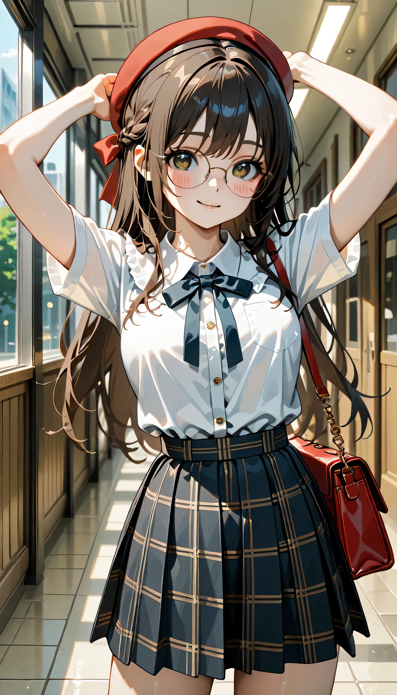 (score_9, score_8_up, score_7_up), source_Anime, absurd_res, white, purple, black, 1girl, solo, upper body, super fine illustration, an extremely delicate and beautiful, best quality, masterpiece, 8K, spring setting, shoppingmall, gentle breeze, sunlight, thick eyebrows, half updo, Sagging eyes, long hair, black hair:1.3, brown eyes:1.3, (wearing glasses:1.3), (round eyewear:1.3), hair ribbon with red, ample breasts, red beret, white Off-shoulder with decoration ribbon:1.3, purple checkered wrap skirt, red shoulder bag, youth fashion, casual fashion, ultra-beautiful girl, fluttering hair, blushing faces, smile:1.2, embarrassed reaction, looking viewers, dynamic pose, contrapposto pose, soft fabric movement, fluttering petals, warm and bright atmosphere, soft lighting, delicate color palette, detailed clothing folds, flowing hair, lively spring vibe, highly detailed rendering, breathtaking composition,