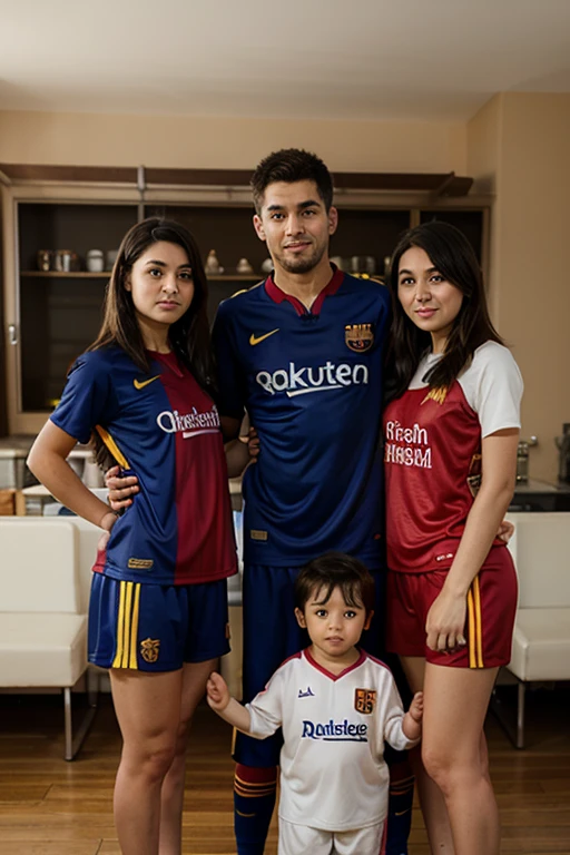 generates an image of two fathers wearing Boca Juniors shirts, blue and yellow. Two more children wearing the River Plate shirt, River Plate red and white shirt