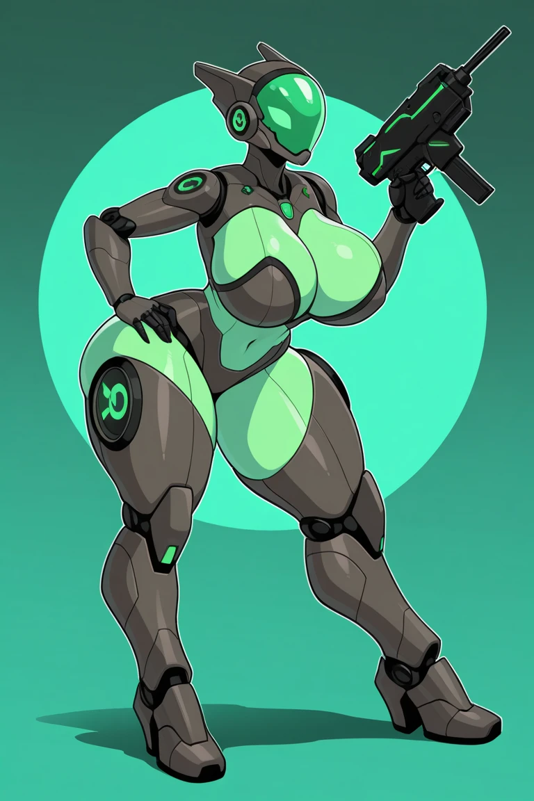 1girl, green hair, yellow eyes, pixie cut, very short hair, smile, breasts, leotard, black leotard, pantyhose, black pantyhose, neon, futuristic, science-fiction, full_body, ((full body)), mature female, hourglass figure, large breasts, machinery, tech, neon trim, sneakers, drone