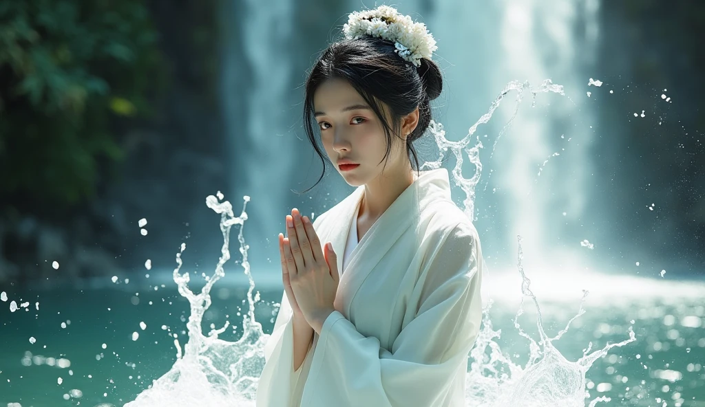 (RAW shooting, 32k:1.5, highest quality, masterpiece, Ultra-high resolution), (Night outdoors:0.5, Dramatic moonlight:0.9, Mysterious World:1.2, Expressions of sadness:1.0), Side Shot, Fractal Art:1.3, Perfect dynamic composition:1.3, Very detailedな肌と顔の質感:1.3, Dynamic flow of water waves:1.3, Dynamic air flow:1.3, The subject is observed from a distance, elegant and sophisticated:0.5, Fair skin, Incredibly slim body:0.9, Very beautiful face, Water droplets on the skin, (Light reflects:0.5, Yoga Wear:1.3, Zazen pose 1.3, Meditation pose:1.3), Very accurate, Very detailed, Big eyes that exude beauty, Beautiful lips, Unreal atmosphere, Earrings, bracelet