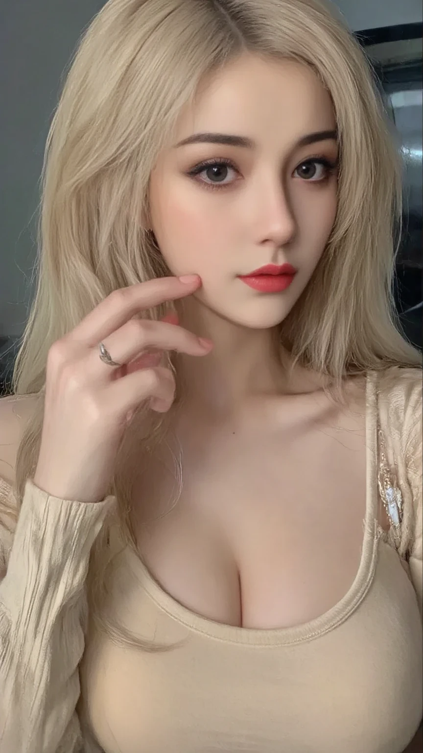(Realistic、chef-d&#39;artwork、best quality、8K、high resolution、high resolution:1.3)、1 girl、gros seins、bikini blanc、Regarder les téléspectateurs、visage et yeux super fins、long black hair、 dans la chambre、Asseyez-vous sur le lit、Exposed neckline、haut du corps、