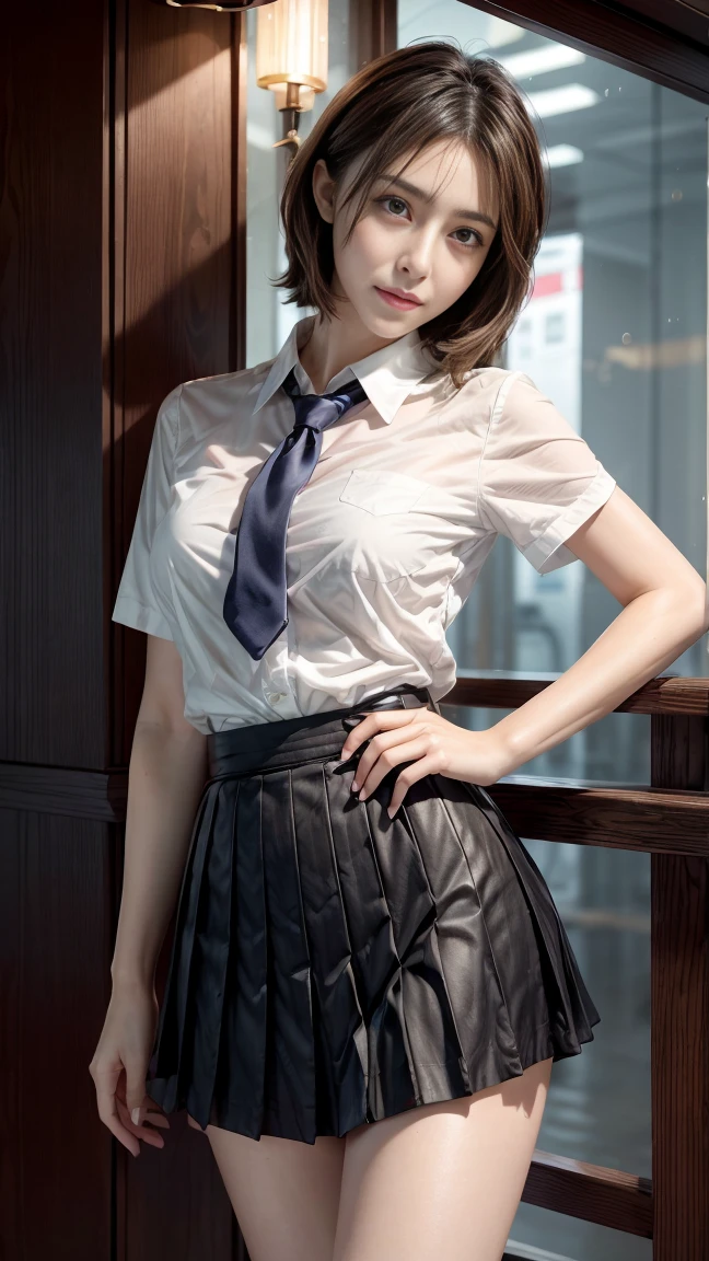 ((Wavy Short Hair、Forehead Baring))、Long Bangs、Night bedroom background、(masterpiece、Highest quality、In 8K、32K、masterpiece、Hmph、Super huge 、Ultra-high resolution、Impressionism、Photorealistic:1.2)、Cowboy Shot、Sharp focus、Beautiful face with detailed face and eyelid background、Glowing Skin、Sharp pupils、Realistic eyes and beautiful face、Blurred Background、18 year old beautiful girl、Glowing Skin、(((Beautiful brown hair)))、Iris、(((Long sleeve white blouse)))、(((Checkered Pleated Skirt)))、(Knee-length skirt、I see a very small white scanti:1.45)、Thighs Thighs Thighs Thighs、curve、Dynamic pose、Powerful composition、((Melancholic expression))、((A look of contempt))、((Glaring at the audience))、sweating、((Brown Hair))、White embroidered lace panties、((Source Order))、(Small Mouth)、Skirt rip、((Grab the skirt))、Panties with sexy design、Covered nipples、Covered Cat、Camel Toe