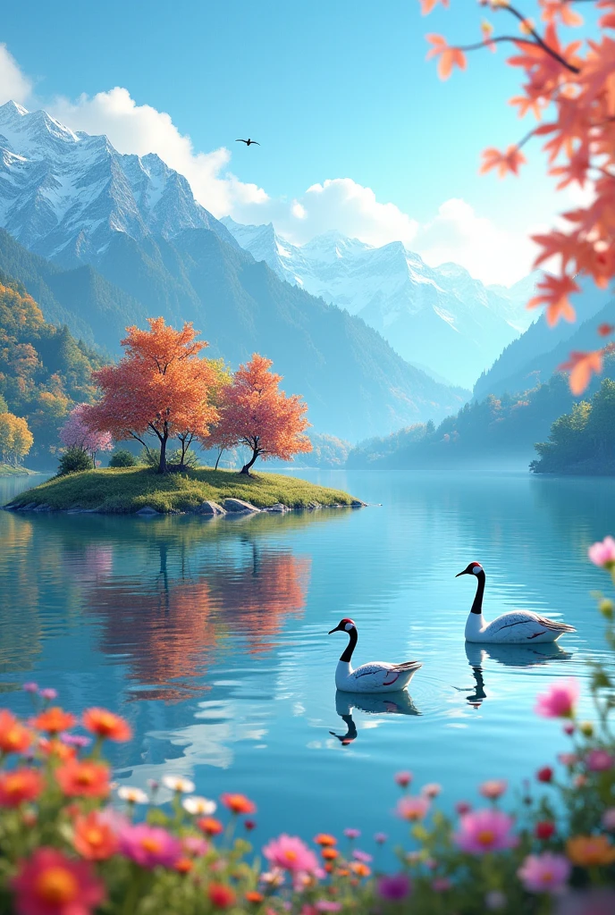 Animated, exquisitely detailed, colors are bright and deep, pastel and dramatic, bright and colorful background. A breathtaking morning. Looking out over a tranquil flower field. Vibrant wildflowers bloom in the foreground, and snow-capped mountains can be seen in the distance. Exquisite detailing of the stars shines with brilliant colors. Autumn lakeside scene: Foreground: Two cranes gracefully swim across the surface of a tranquil lake, the lake reflecting them and their surroundings like a mirror. Island: A small island in the middle of the lake is lined with colorful autumn trees. The leaves are vibrant green, orange, yellow and pink, creating a rich autumn color palette. Background: The lake is surrounded by mountains, some of which are snow-capped. The sky creates a beautiful light blue gradient. Atmosphere: This image captures the charm of an autumn landscape, highlighting the beauty and serenity of nature. The reflective effects and richness of color create a visually striking and captivating scene.