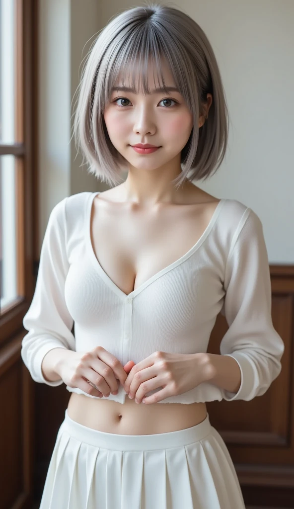 175cm，1 girl,silver hair,bob, (8K, RAW photo, highest quality, masterpiece: 1.2), (realistic, Photoreal: 1.37),Off shoulder white knit dress full body、chest emphasis，thin thighs，beautiful fair thighs，A mature woman with plenty of time，tight mini skirt，face of shame，smile，誘うようなsmile