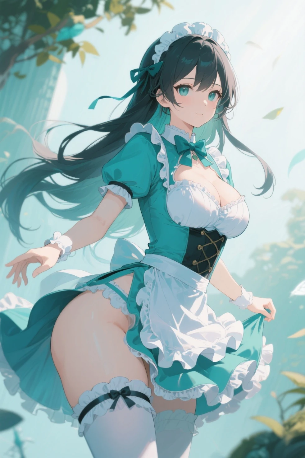 nsfw,Black Hair,green eyes,hair above one eye,twin tails,tights, ((white magical girl costume)), beret,ribbon,(masterpiece,Highest image quality,best quality),simple background