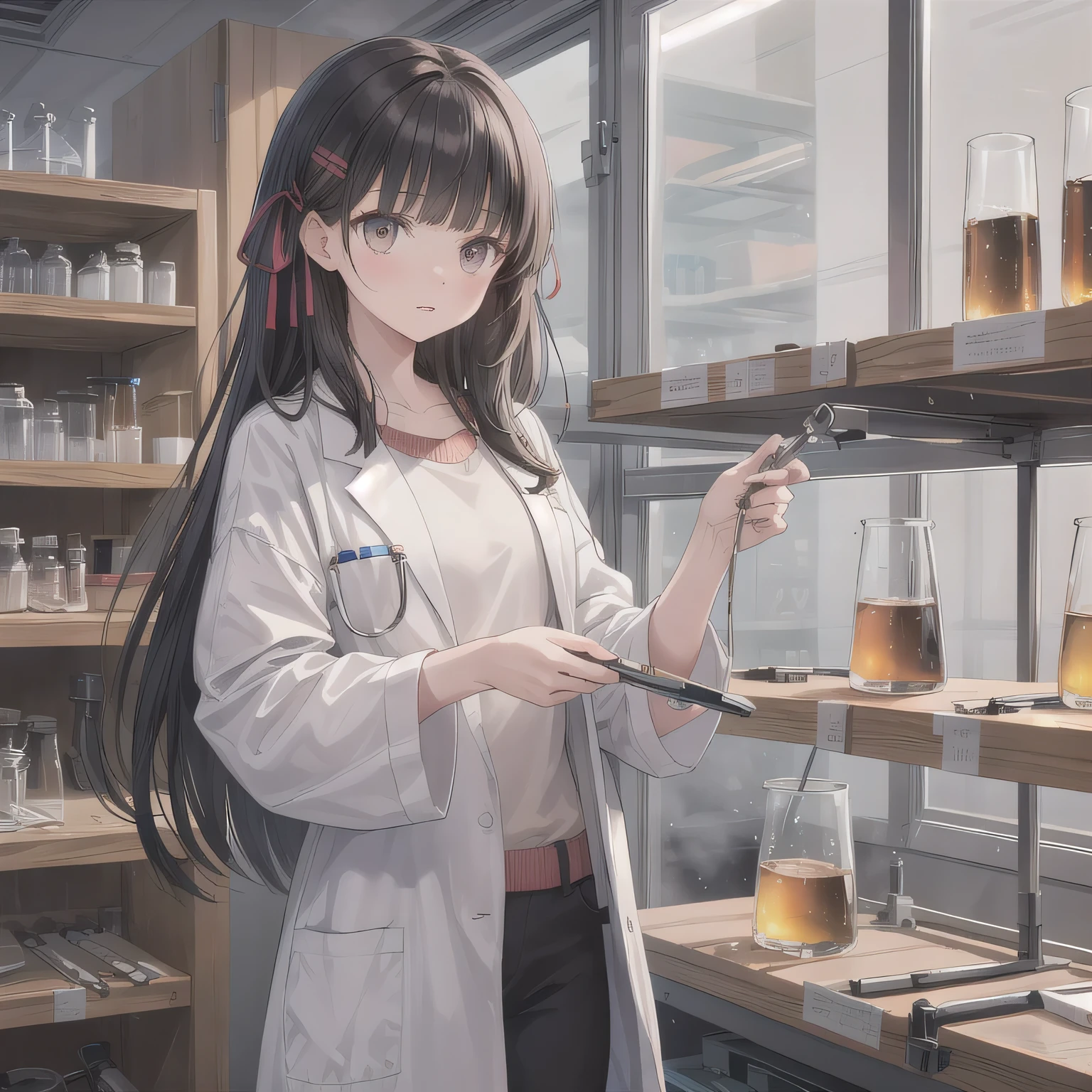 Depict a 20-year-old, stunningly beautiful woman conducting an experiment in a well-equipped science lab. She wears a pristine white lab coat over professional attire, her expression focused as she carefully handles scientific instruments. Whether her hair is long and neatly tied back or short and styled, she maintains a meticulous appearance suited for the lab environment. The background features shelves filled with scientific equipment, adding to the immersive atmosphere of the setting. dark hair, long hair, honey colored eyes.