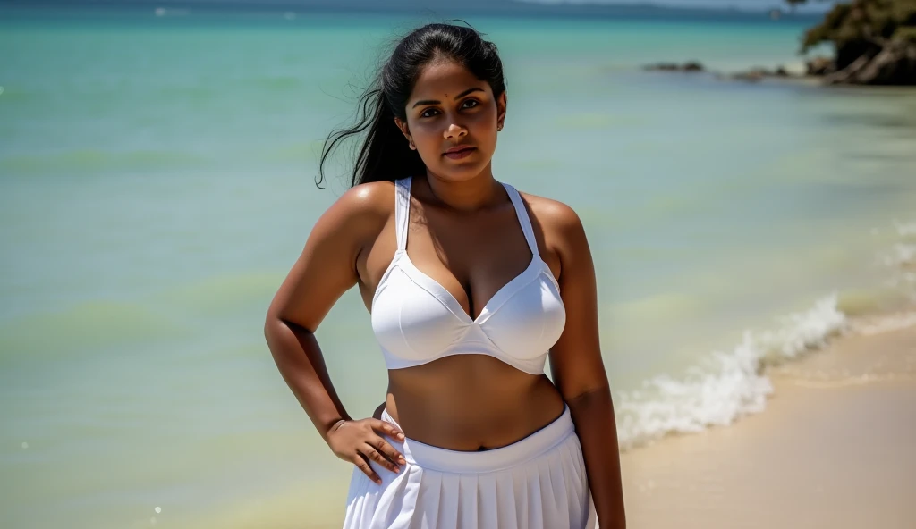 Beautiful full figured tamil woman,smiling at camera, wearing bikini at beach,HD,realistic ,best quality