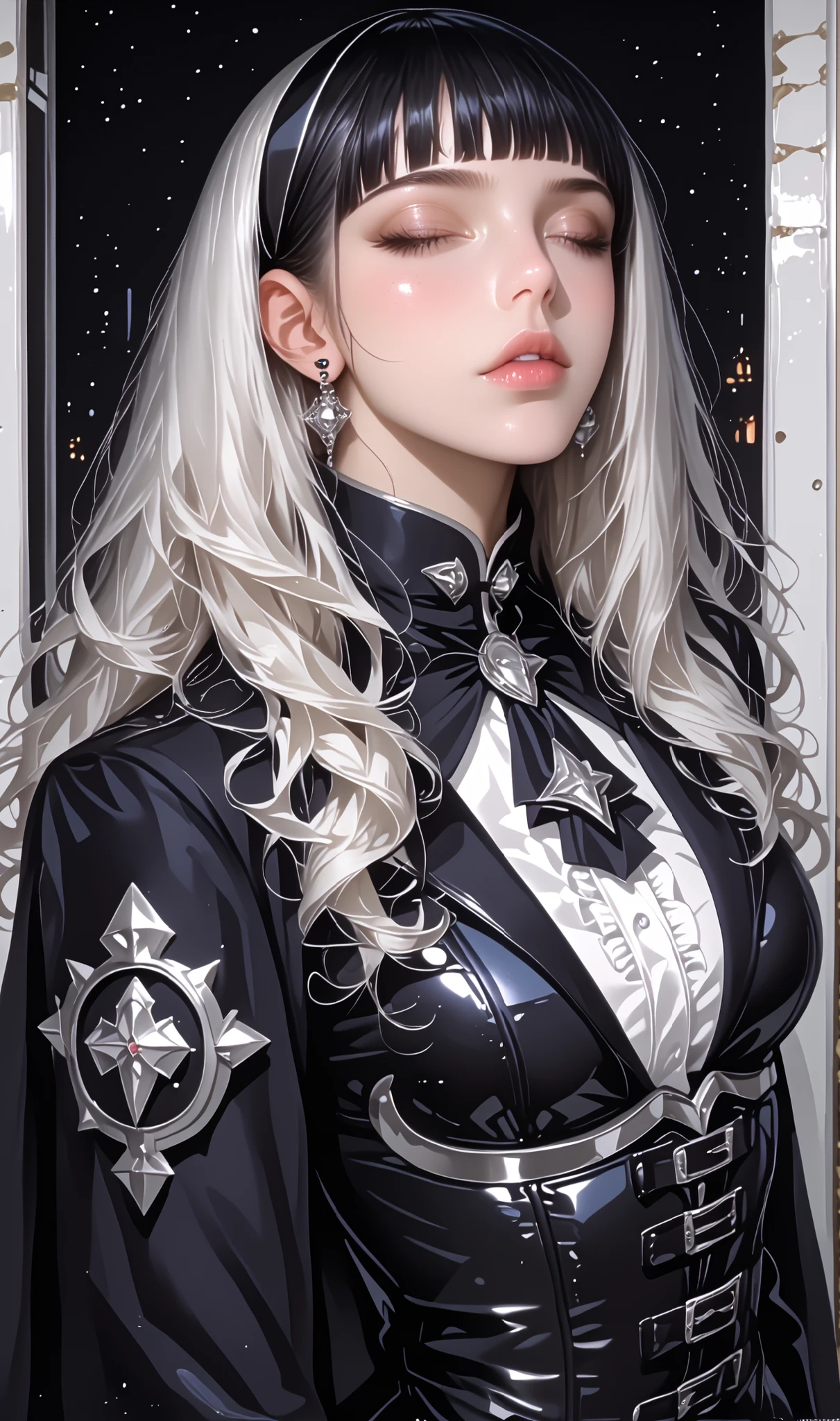 ((masterpiece, highest quality, Highest image quality, High resolution, photorealistic, Raw photo, Extremely detailed CG unified 8k wallpaper)), 1girl, solo, beautiful woman, 40yo, realistic skin texture, shiny skin, Millitary Barrack, Gothic magical girl uniform with corset-style blazer, silver trim, and enchanted runes embroidered on the sleeves uniform, gothic, magical school, corset, enchanted, fantasy fashion, dark academia, super precise, Movie Lighting, Ultra Realistic Textures, space station observation deck, on the, Hyūga_Hinata's/Boruto, Dark Blue Hair, Long Hair, Pale White Pupiless Eyes, Millitary Wizard Insignia.