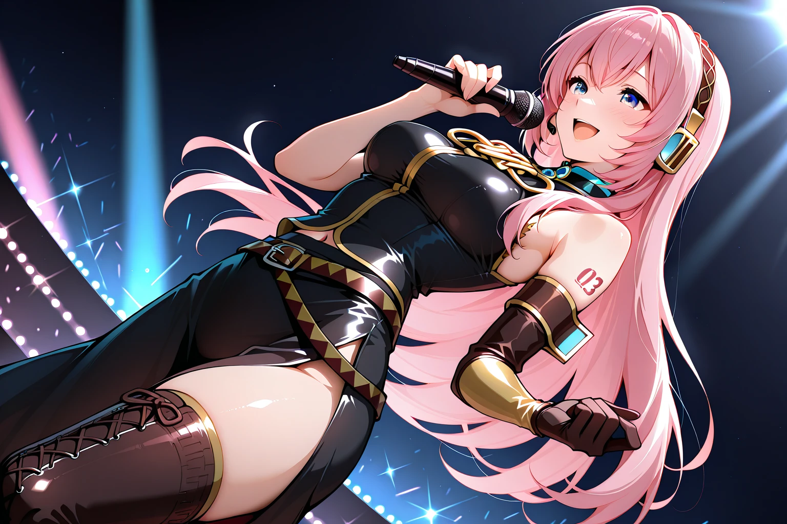 ((best quality)), ((masterpiece)), (detailed), perfect face,1woman,full body,looking at viewer,mischievous,thick eyeliner,long hair lavender coloured,pig tails,very long pointy ears,wearing black lingerie, black puffer jacket,big breasts,thick thighs,concert stage background