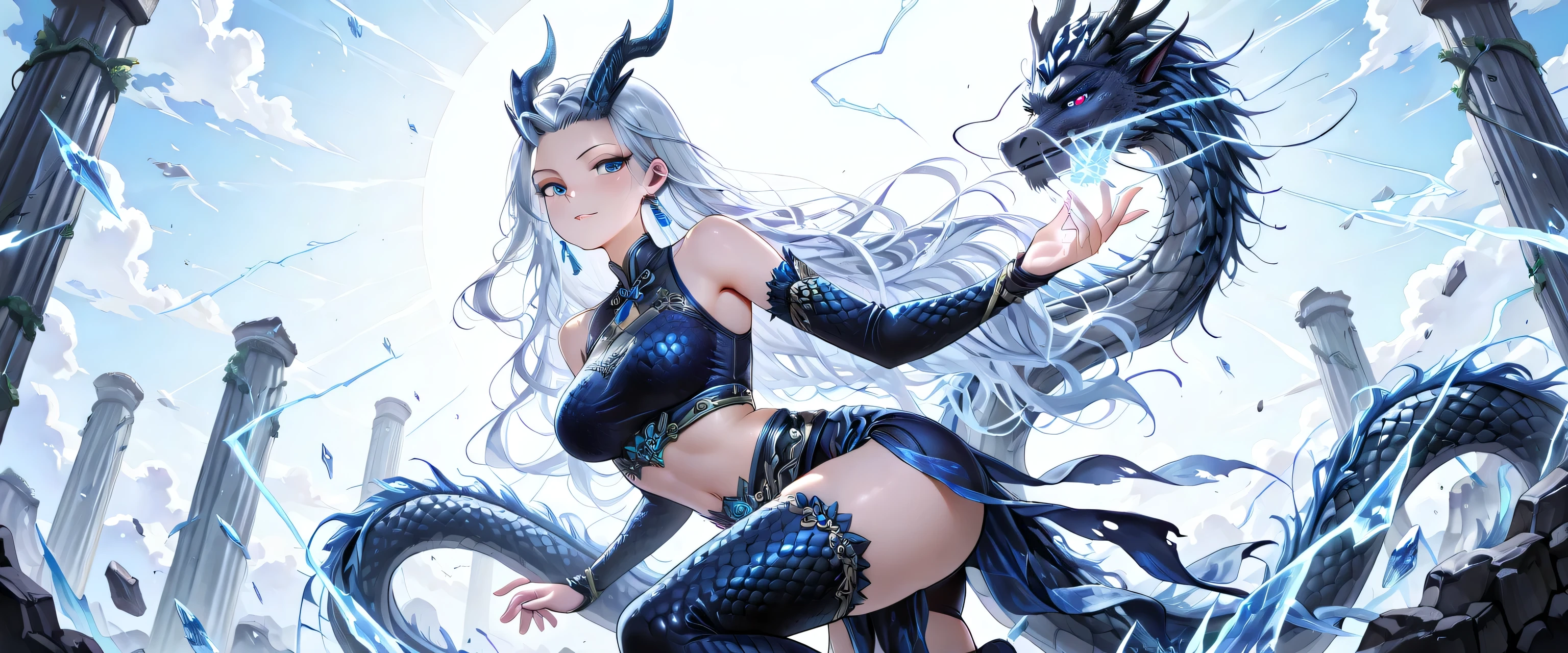 (masterpiece, best quality, ultra detailed, high resolution, anime-style, 4K), a mythic female version of Ao Bing | Ngao Bính phiên bản nữ thần thoại cổ Trung Hoa, riding a colossal black Eastern dragon (黑龍) amidst a stormy celestial battlefield. The dragon has shimmering obsidian-black scales, glowing crimson eyes, jade horns curved like ancient weapons, exhaling shadowy divine mist. midriff,
She wears no modern armor — instead, a flowing war robe styled after ancient Chinese battle attire: purple and silver silk, etched with glowing dragon-shaped runes, and fur accents on shoulders, thighs, and arms, invoking the primal essence of storm and beast. Twin maces (song chùy) wrapped in chains of divine lightning, one raised like a heavenly judgment, the other drawn low in a defensive stance.
Her long white-silver hair, with azure-blue tips, billows like a divine banner in the wind. Her glowing ice-blue eyes pierce the storm — cold, unwavering, filled with celestial wrath. Her pose is airborne and dynamic: one leg crouched, the other extended in mid-air as she balances on the twisting dragon’s spine, body turned sideways in full combat grace.
The background is filled with ancient Chinese celestial motifs: torn floating temple ruins, thunder dragons in the clouds, heavenly talismans glowing faintly among shattered pillars. Lightning and divine storm energies crackle around them, illuminating the scene with a mystical glow.
Style: cinematic anime, Chinese dark mythology, divine wuxia warrior, dramatic lighting, powerful motion, atmosphere filled with qi energy, yin-yang chaos, and celestial wrath