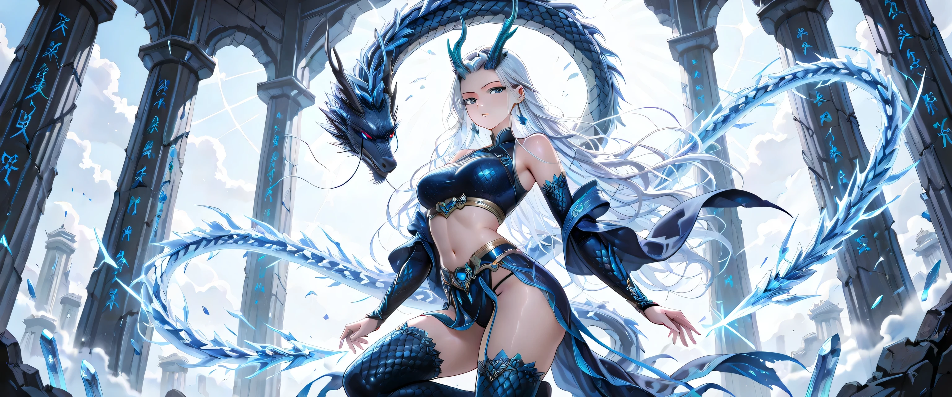 best quality,4k,8k, highres, masterpiece:1.2), ultra-detailed, extremely detailed eyes, extremely detailed body, the average Levianthar woman is a striking and formidable figure, standing tall at around 6 to 7 feet with a lean, muscular build that showcases her strength and agility. Her skin is smooth and slightly iridescent, with a bluish or grayish tint that shimmers under light, reflecting her aquatic heritage. She possesses long, flowing hair that ranges in color from deep seaweed green to midnight blue, often adorned with small, bioluminescent beads or shells. Her large, expressive eyes are adapted for both underwater and terrestrial vision, featuring hues of deep blue or emerald, green, and often possessing a subtle, ethereal glow. High cheekbones and slightly elongated ears add to her otherworldly beauty, while gill-like structures along her neck hint at her ability to thrive in the ocean depths. Her fingers and toes are slightly webbed, enhancing her swimming abilities, and a thick, powerful tail reminiscent of a shark's extends from her lower back, aiding in swift underwater movement. Her overall appearance exudes an aura of strength, grace, and mystery, embodying the unique blend of aquatic and humanoid features that define the Levianthar race, dynamic lighting, cinematic lighting, dramatic atmosphere,
