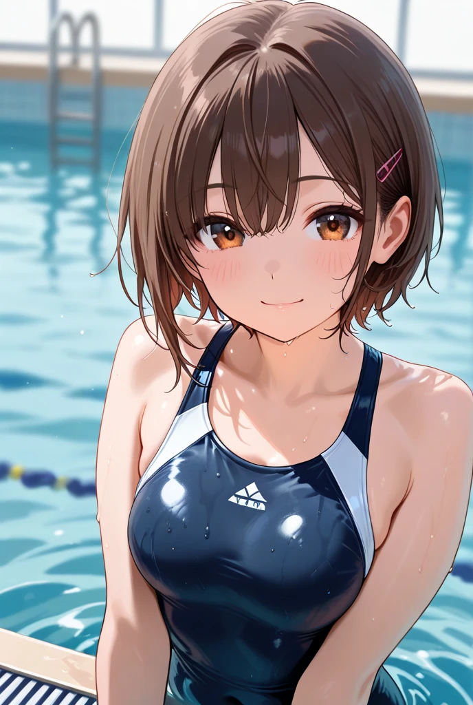 Olympics, Swimsuit, swimmer, gold medal, Misaka Mikoto, 1girl, black choker, uhd, retina, masterpiece, ccurate, anatomically correct, textured skin, super detail, high details, high quality, best quality, highres, 4K