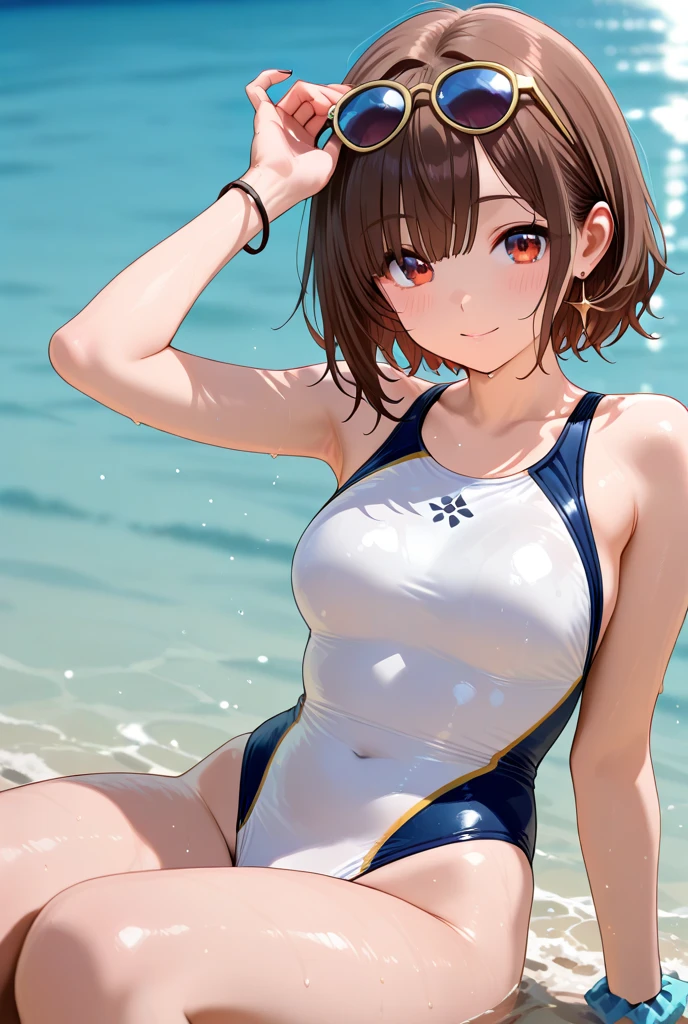 ((swimsuit costume)), skindentation, skinny, solo, 1 woman, Masterpiece, highest quality, highest quality, 16K, incredibly absurd, highly detailed, 2.5D, ai-generated, delicate and dynamic, very delicate facial expressions, delicate eye depiction, erotic, only sexy woman, ((A cute and kind face)), healthy figure, 25-year-old woman, bride, 160cm tall, medium firm swaying bust, (dark hair), black eye, blush, Sweat,Embarrassed,sexy, ((thin thighs)), (Erect nipples:0.7), ((shiny and lustrous)), facing straight at viewer, ((brown black skin)), ((Oily_skin)), sweaty skin, wet skin, (suntan), dutch angle, ((sexy pose)), Dynamic poses, ((Summer Sea)), Strong sunlight, ((Lying)), ((On the open sea)),