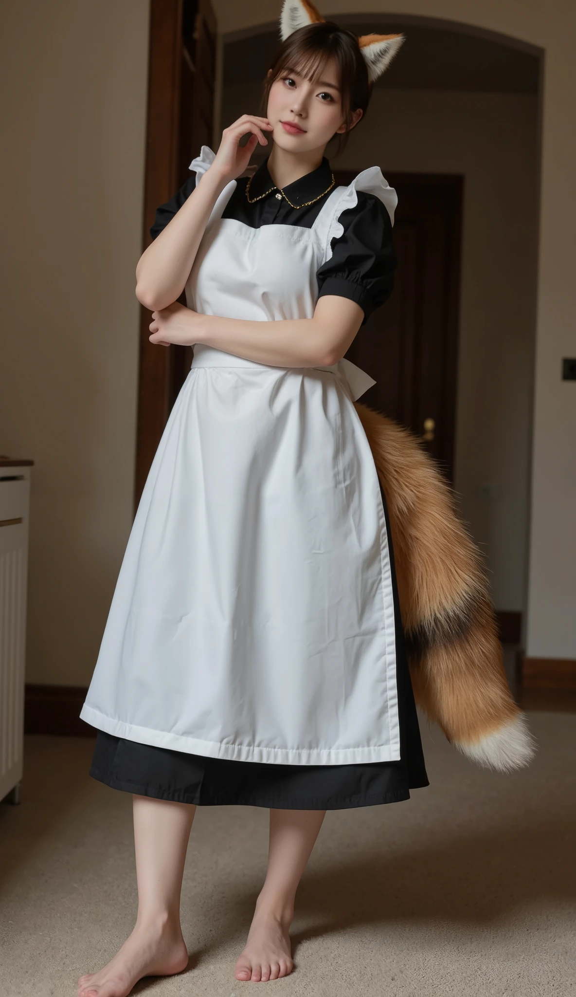 ((best quality, 8 k)), ((masterpiece)), (highest resolution), perfect face helps, woman with fox ears, woman with a tail, beautiful woman, she is a maid , neutral blurred background, only one tail , Her big fox tail, I can see her fox tail, She wags her tail , white long apron , Her fox tail sticks out , Her tail is dark in color, Smile, Full height, carpet underfoot, fluffy carpet.