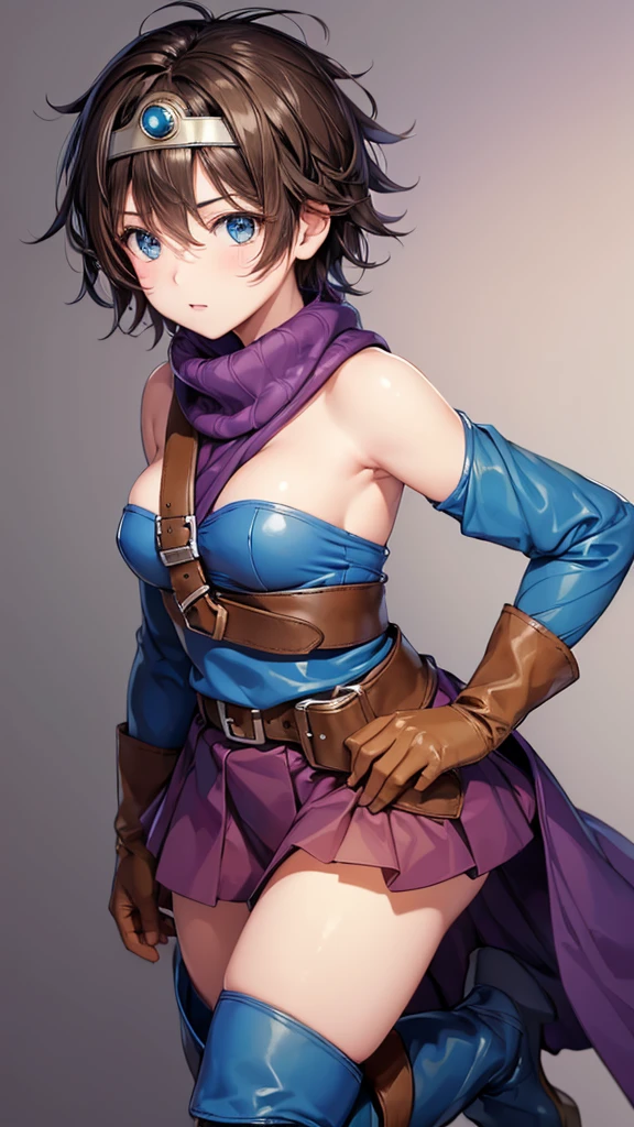 (masterpiece, Highest quality:1.1), (背中にsheathに収められた武器:1.2), internal (dq3), One girl, alone, short hair, Brown Hair, blue eyes, Circlet, Large Breasts, Cleavage, Strapless, Blue clothes, Purple Cape, Knee socks, Elbow hand pockets, boots, belt, sheath,, knee boots, Simple Background,
