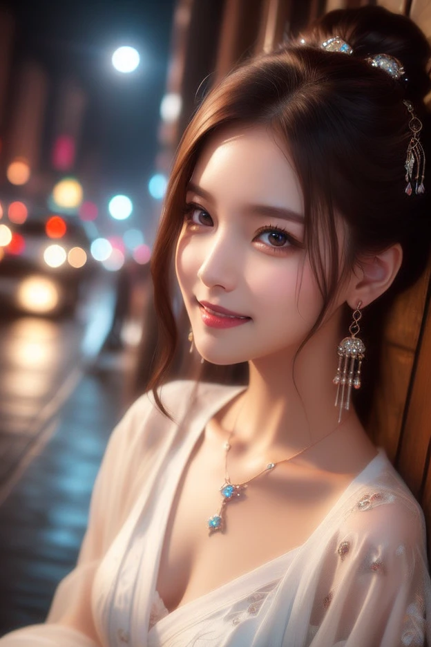 (1 girl, youthful gorgeous Lady,  brown_eyes, brown_hair, cross_earrings, earrings, jewellery, Ancient China, Traditional Hanfu, Silk Hanfu, Hanfu, natural pose in a snowy night,  

Detailed Beautiful face, Detailed Facial Features, beautiful eyes, dimples, snaggle-tooth, Kind smile, Red lips, short hair, bob hair, cute ponytail, extremely detailed eyes,  extremely detailed face, beautiful detailed lips, long eyelashes, arms close together, ears out, golden ratio face, golden ratio body, perfect body anatomy, huge breasts, big breasts, 

(SNOW:1.3),
Night outdoors,  snow flakes, snow, winter,
(best quality, 4K, 8k, highres, masterpiece:1.2), ultra-detailed, (realistic, photorealistic, photo-realistic:1.37), HDR, UHD, sun light, ultra-fine painting, sharp focus, physically-based rendering, extreme detail description,  professional, Vivid Colours, award-winning, Bokeh_Background, cowboy_shot, SFW, Safe for Work)