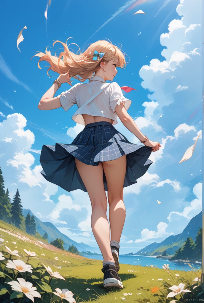 Masterpiece, Best Quality, Kaede Akamatsu - Danganronpa, 1girl, necktie, sweater vest, breasts, shirt, long sleeves, solo, beamed eighth notes, white shirt, collared shirt, medium breasts, school uniform, angry, solo, (full body:1.5), (from behind:1.6), (from below:1.4), (butt:1), panties, heavy wind, (wind lift:1.4)