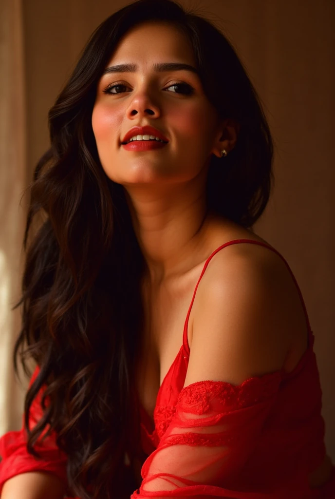 RAW Photo, DSLR BREAK (kkw-ph1:0.9) BREAK portrait of 1 young 20yo woman, black hair, wearing red  transparent dress, perfect eyes, perfect lips, perfect nose, professional color graded, wonderful woman, dark background, cute woman, cleavage, small tits, smiling, wavy hair