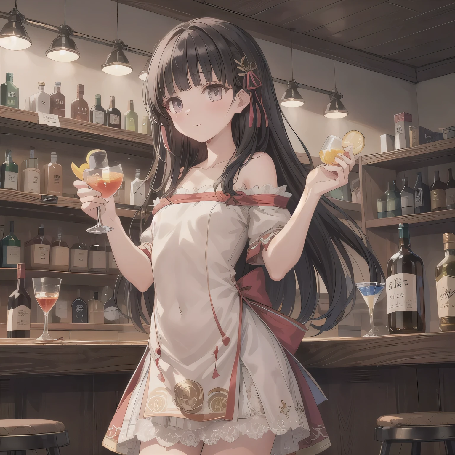 A 2D anime-style illustration. The scene is set inside a dimly lit, cozy Japanese "snack" bar. The lighting is soft and warm, with gentle shadows creating a relaxed, moody atmosphere. Bottles of liquor line the shelves behind the bar, and small round tables are scattered throughout the room. A young woman is standing near a table, wearing a stylish, slightly sexy dress commonly seen in such bars — like a fitted cocktail dress with soft fabrics and subtle glitter. She looks elegant and approachable. The focus is on the warm mood and ambient light. No text in the image. dark hair, long hair, honey colored eyes.