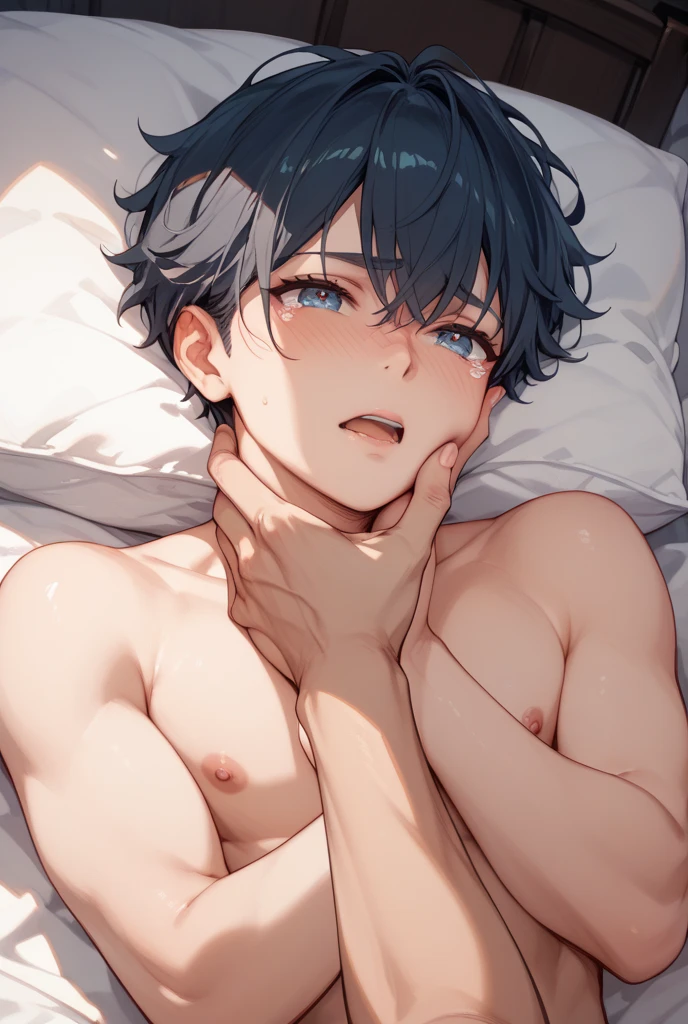 anime, ???, boy, cute face, blushing, perverted face, naked, black hair, blue eyes, lying in bed,