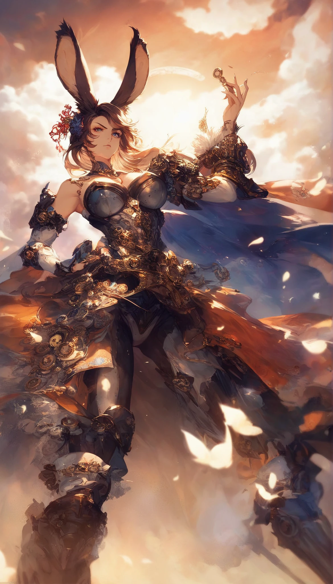 highly detailed concept art in Japanese anime style, female commander resembling a Viera with long elegant rabbit-like ears and sharp beautiful face, wearing ornate steampunk military uniform with metallic and leather elements, standing confidently on a hilltop overlooking the battlefield, vast armored troops and mechanical vehicles below in formation, gears and steam clouds rising, dramatic sunset or cloudy sky lighting, serious and thoughtful expression, elegant and powerful pose, cinematic and dynamic composition, vibrant yet soft colors, fantasy and steampunk fusion design, ultra detailed, no logo, no text