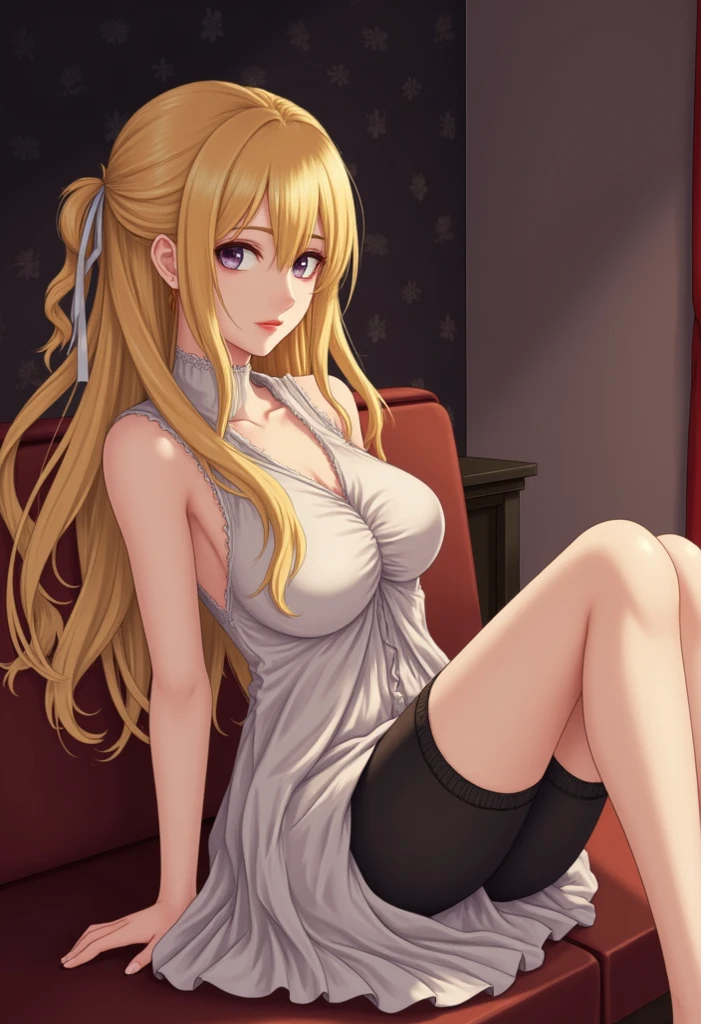 Tsunade with big breast and wearing simple dress at home