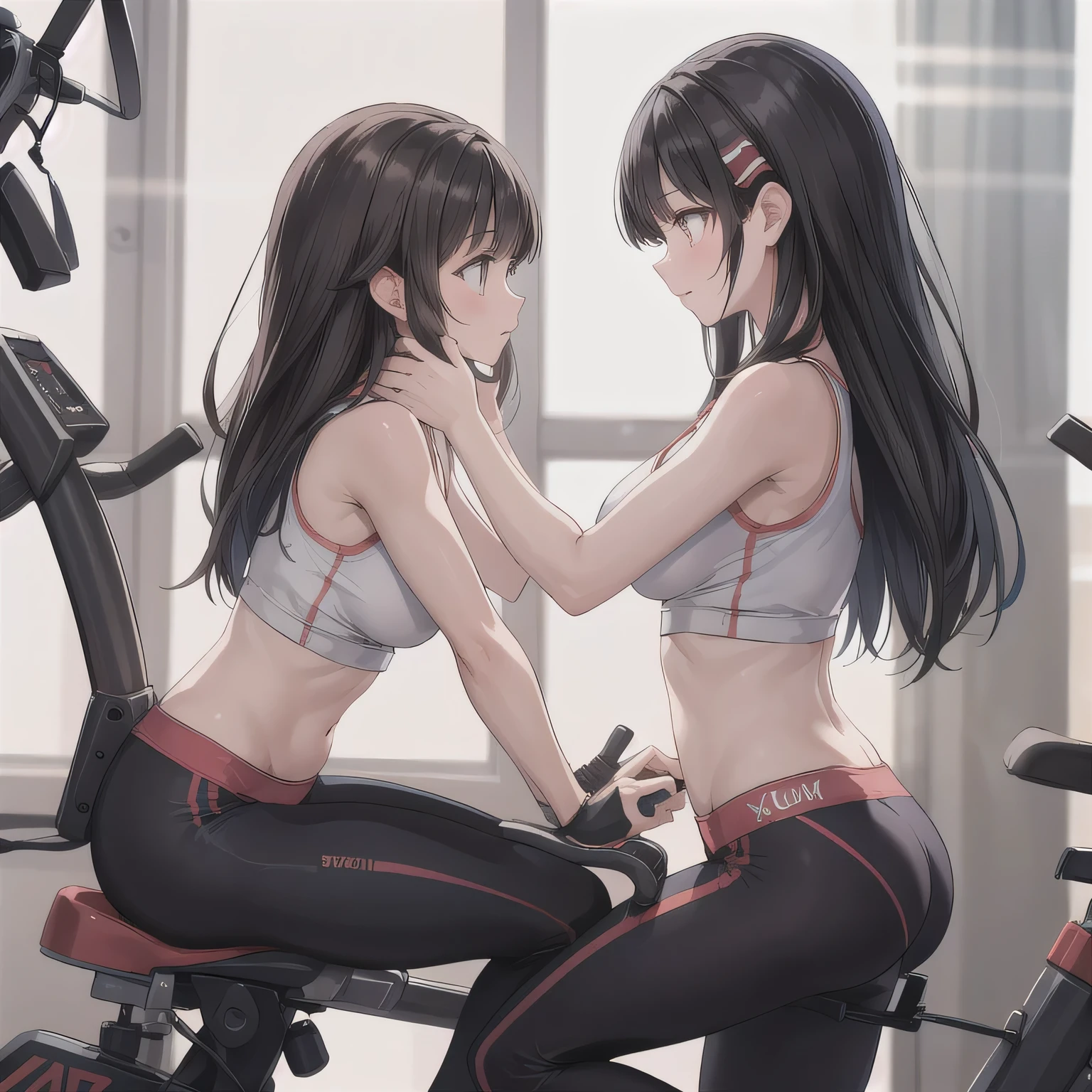 A fitness gym, a person training on a stationary bike, side view, bright morning sunlight through large windows. dark hair, long hair, honey colored eyes.
