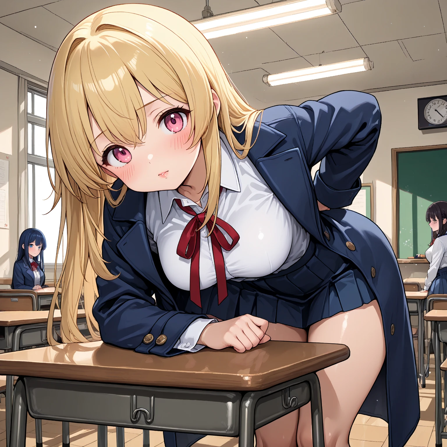anime girl in school uniform leaning over desk with laptop, a hyperrealistic schoolgirl, hyperrealistic schoolgirl, realistic schoolgirl, beautiful anime high school girl, smooth anime cg art, cute schoolgirl, beautiful anime girl squatting, the anime girl is crouching, seductive anime girl, ecchi anime style, school girl, photorealistic anime, cyber school girl