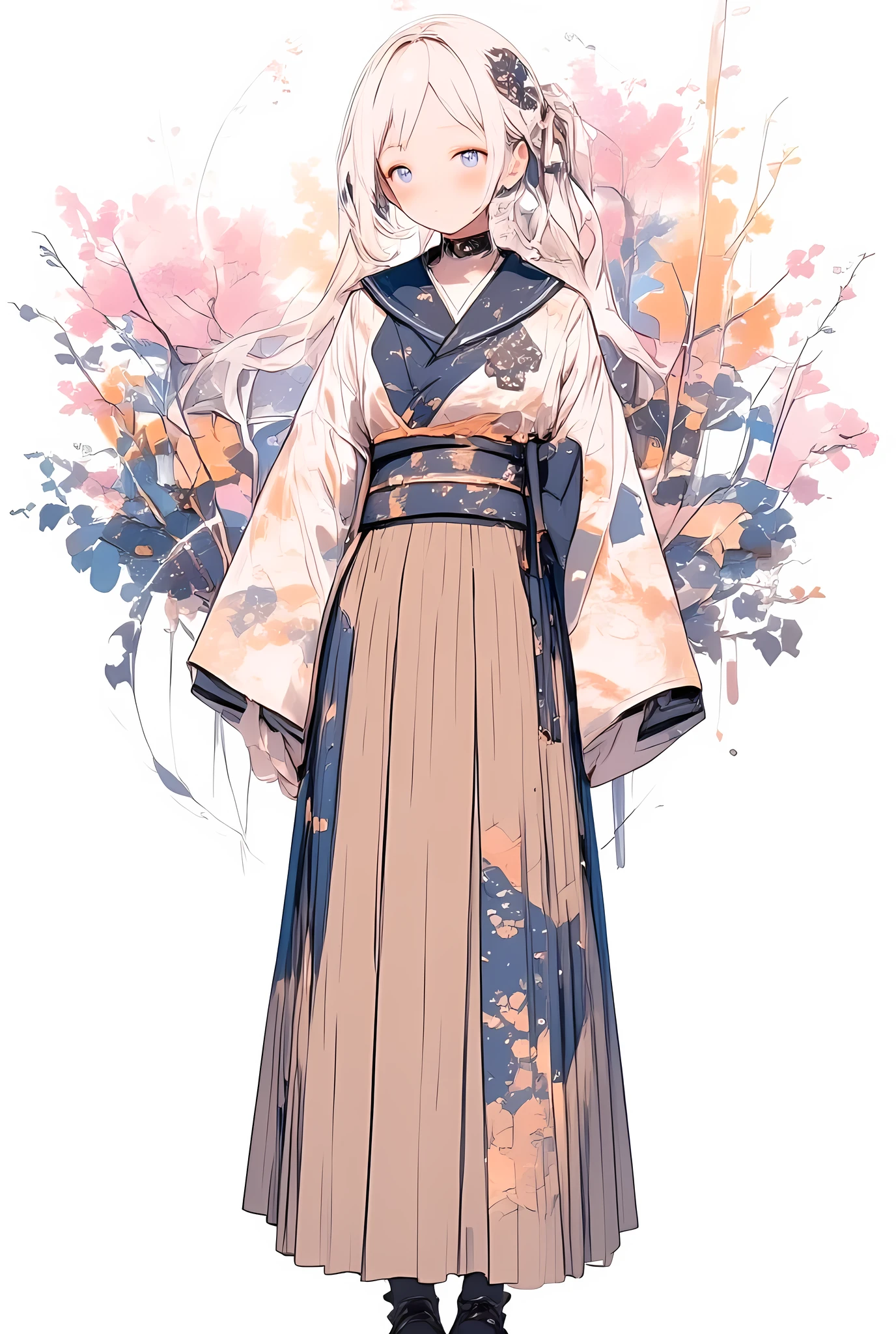 a full-body, centered illustration of a high school girl wearing a stylized school uniform heavily inspired by traditional Japanese kimono design, fully visible from head to toe within the frame,
her outfit features a long-sleeved kimono-style top with a deep navy blue sailor collar integrated into the design, the collar overlapping with the kimono neckline,
the sleeves are wide and flowing like a furisode, with subtle traditional patterns such as sakura or seigaiha along the hem,
she wears a wide, decorative obi-style belt at the waist in a muted color, and a pleated skirt that blends traditional kimono fabric with modern school uniform structure,
her black tights and loafers maintain the student aesthetic, while her long hair is partially tied with a simple ribbon or traditional hair accessory,
the background is minimal and softly lit, focusing on the elegance and fusion of the outfit,
illustrated in a refined anime fashion style with clean lines, fabric texture detail, and an elegant cultural blend of old and new