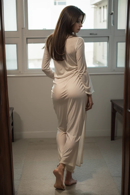 In the closet, mature woman sitting horse style wearing wet see through Sheer salwar, full body view, view from back, in the closet, young man hugging, buttocks up,