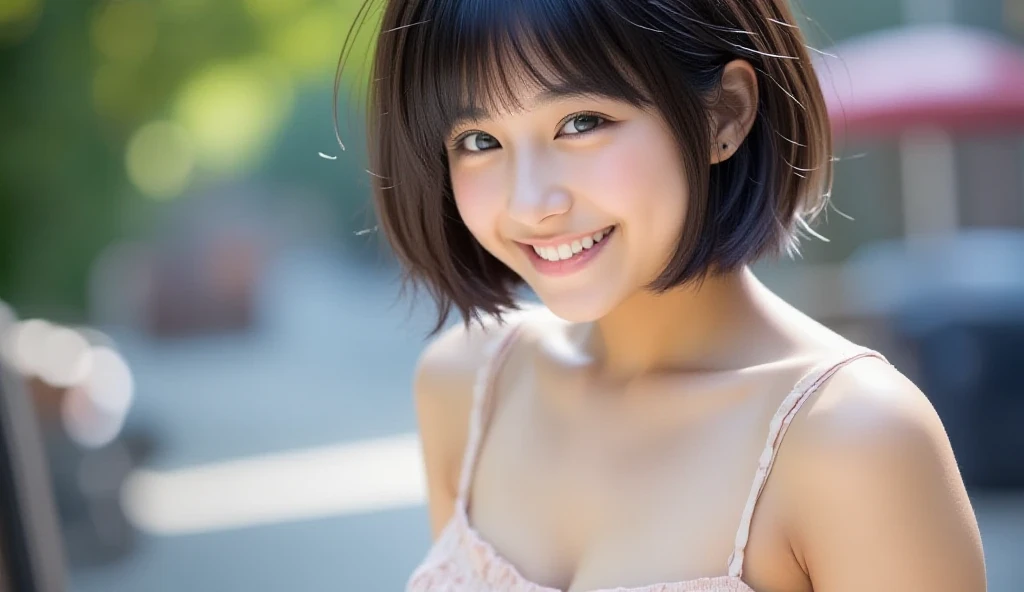 hemosa chica adolesente morena , hermosa chica latina, 15 years ,una mujer joven con cabello corto negro , cabello corto hasta los hombros, ojos verdes, pelo corto hasta los hombros, ella esta sola en la plaza, Es de noche, pevas en mejillas , usa una playera blanca de manga corta con imagen de estrella, plauera blanca con imahen de estrella , falda negra , linda falda negra , calcetas blancas , tenis verdes , linda sonrisa , maquillaje ,con una gran cantidad de detalles, Best Cinematography, obra maestra, luz cinematografica, sonriente, feliz, cuerpo completo , fuera de escuela