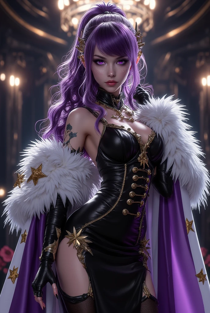 the witch, wolf women, Full body like, Magical style, Tanuki in League of Legends, Wolf ears, Wolf tail, golden hair, Hair purple pick-dye, Black and purple color scheme, Sexy short dress, Gold-rimmed décor, A small amount of armor decoration, blackstockings, Sexy and feminine, anatomically correct, textured skin, best quality, 8k