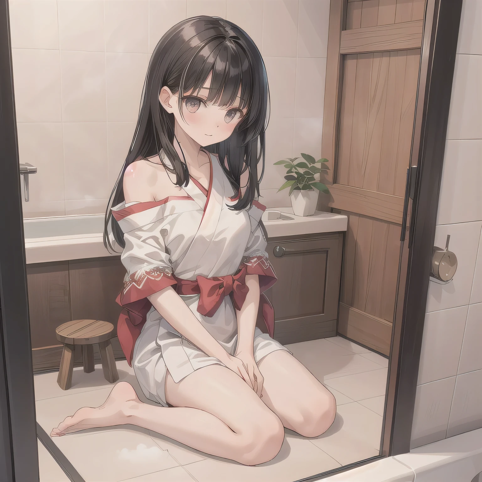 A beautiful woman in a A narrow, compact Japanese bathroom, with tiled walls, a small bathtub, and a wooden stool beside it. Steam fills the room., sitting in seiza style , politely waiting to greet someone.The character is wrapped in a towel around the body. dark hair, long hair, honey colored eyes.