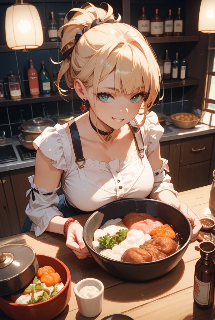 (from above:1.2),(from side:0.9),masterpiece, yor, 1girl, Bust A Cup, Amazing Cleavage:1.0, thin waist, big ass, Raised sexy, small breast: 1.0, posed cleavage:1.2、solo, looking at viewer, open mouth, have a cute grass of cute beergrass,black hair, dark green eyes, dress, bare shoulders, jewelry, collarbone, sidelocks, hairband, earrings, indoors, off shoulder, :o, sweater, arms behind back, plant, short hair with long locks, gild hairband, off-shoulder dress, sweater dress, off-shoulder sweater, red sweater, dark gord hair, big side hair, very long side hair,is rendered in (masterpiece: 1.2, best quality), with (ultra high resolution) and an exquisite (depth of field). This masterpiece is not only visually stunning but also tells,A scene of cooking in the kitchen by classroom