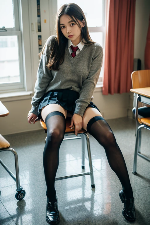 (Happy expression:1.26)、RAW Photos、(((Ultimate beauty full body photo shoot)))、((Glowing Skin))、1 girl、beautiful girl、Cute girl、Beautiful 12 year old girl from Prague、10th Generation、Primary school students、Bright expression、((Black-haired))、Shortcuts、Girl in sweatshirt、skirt、View from the floor、skirt、skirt、(Long stockings or pantyhose)、(マイクロskirt、high waist)、((Place your elbows on the desk、Sit on a chair with your legs spread:1.2))、(((she opens her legs and shows me her panties.:1.5)))、White panties、Dirty patterned panties、Floral、See-through panties、Thong、Wedgie Panties、ミニskirt、マイクロskirt、((forward leaning posture))、Counterpoint Shot、((Very detailedな))、(Perfectly detailed face)、(Fine hand)、(Finger details)、(Superior human structure)、Photorealistic imagery、最high quality、Very detailedな、Film Light、Intricate details、High resolution、Very detailed))、Detailed Background、8 time、Digital single-lens reflex camera、Soft Light、high quality、Film Grain、Fujifilm XT3 、Shallow depth of field、natural Soft Light、Kamimei、classroom