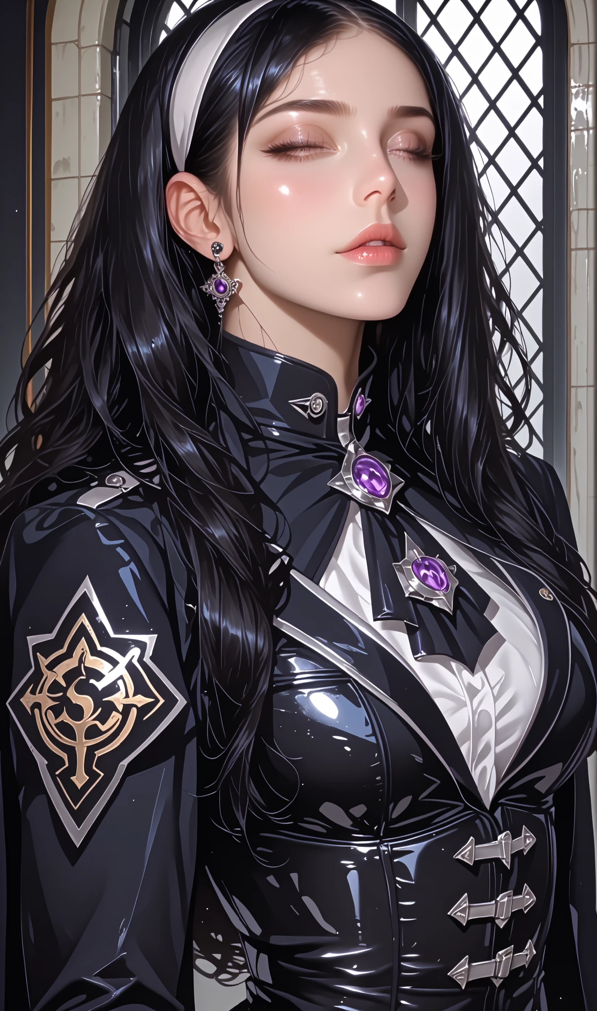 ((masterpiece, highest quality, Highest image quality, High resolution, photorealistic, Raw photo, Extremely detailed CG unified 8k wallpaper)), 1girl, solo, beautiful woman, 40yo, realistic skin texture, shiny skin, Millitary Barrack, Gothic magical girl uniform with corset-style blazer, silver trim, and enchanted runes embroidered on the sleeves uniform, gothic, magical school, corset, enchanted, fantasy fashion, dark academia, super precise, Movie Lighting, Ultra Realistic Textures, space station observation deck, on the, Hyūga_Hinata's/Boruto, Dark Blue Hair, Long Hair, Pale White Pupiless Eyes, Millitary Wizard Insignia.