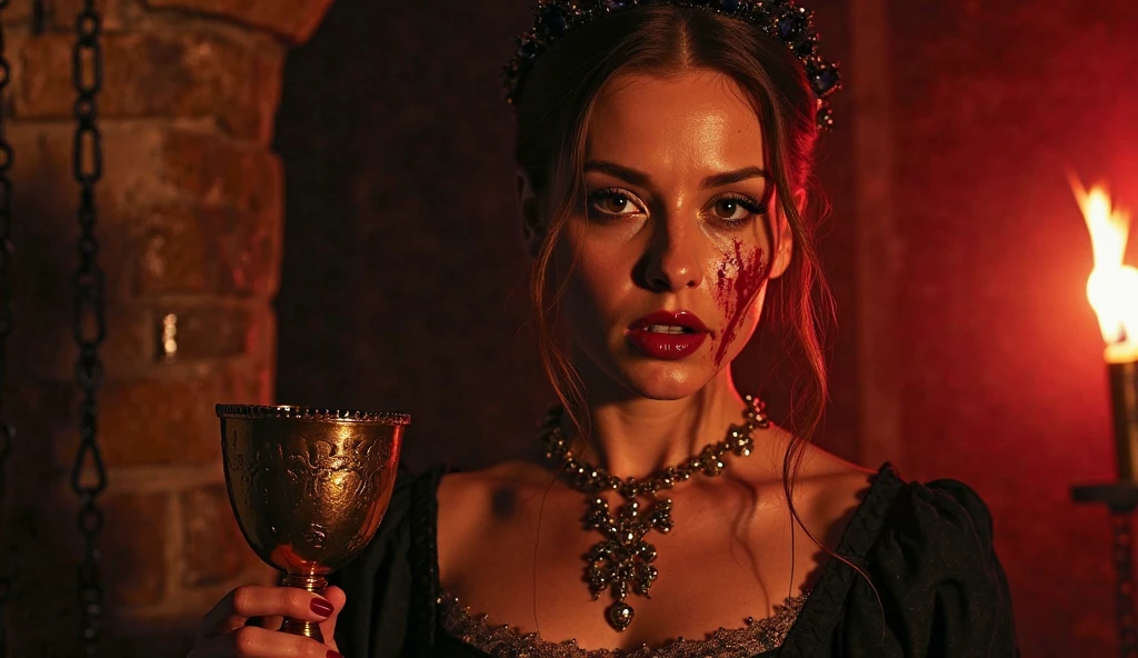 bloody mary tudor queen looking sexy and scary with lots of blood on her face semi realistic