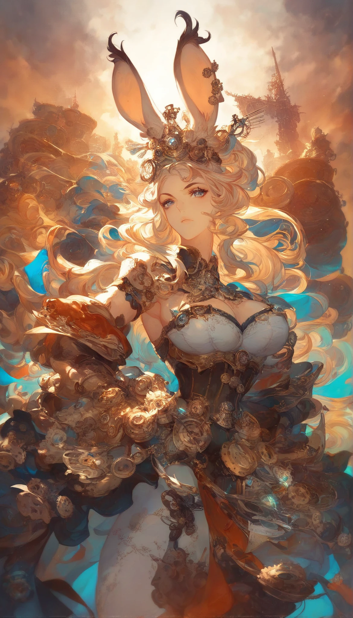 concept art in refined Japanese anime style with soft and slightly rounded aesthetic, elegant and sharp Viera-inspired female commander with long rabbit-like ears and beautiful features, wearing ornate steampunk military uniform with metallic and leather elements, standing confidently on a hilltop overlooking the battlefield, surrounded by steampunk armored troops and mechanical vehicles with rounded yet industrial design, gears and steam clouds rising, pastel sky with dramatic lighting, serious and thoughtful expression, cinematic composition, vibrant yet soft color palette, fantasy and steampunk fusion, ultra detailed, fine art, no logo, no text